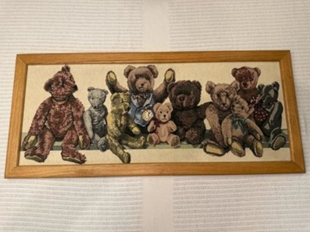 Vintage 90s Dakotah Woven Tapestry Textile Teddy Bears Handmade Oak Frame 36x16
